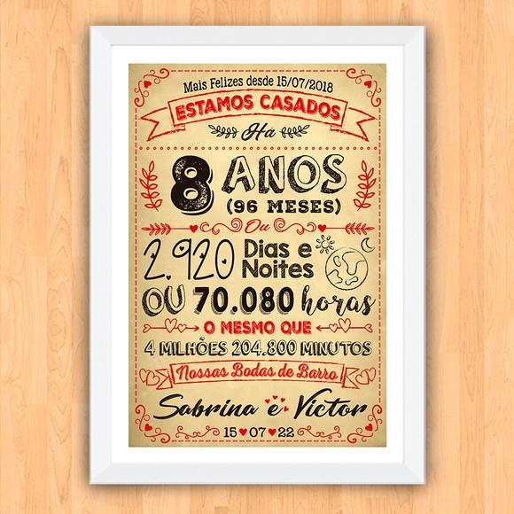 Quadro Poster Chalkboard Bodas 8 Anos Barro A3 30x42cm