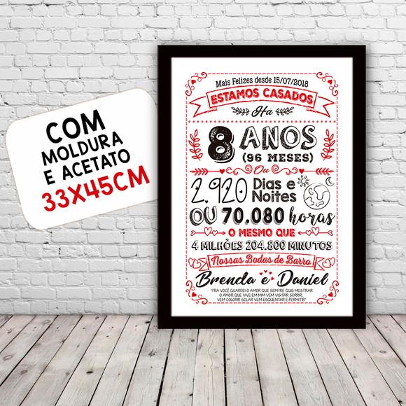 Quadro Poster Chalkboard Bodas 8 Anos Barro A3 30x42cm