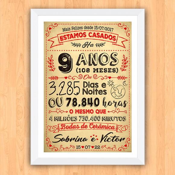 Quadro Poster Chalkboard Bodas 9 Anos Cerâmica A3 30x42cm