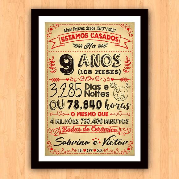 Quadro Poster Chalkboard Bodas 9 Anos Cerâmica A3 30x42cm