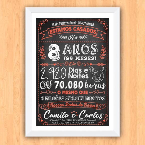 Quadro Poster Chalkboard Bodas 8 Anos Barro A3 30x42cm