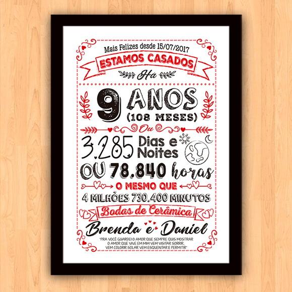 Quadro Poster Chalkboard Bodas 9 Anos Cerâmica A3 30x42cm