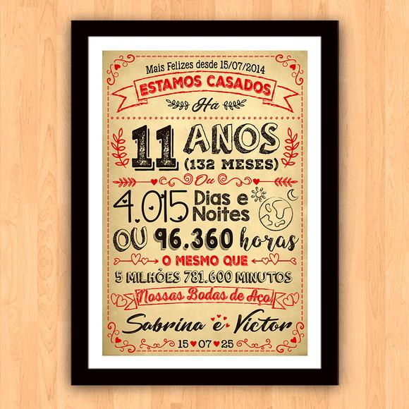 Quadro Poster Chalkboard Bodas Aço 11 Anos A3 30x42cm