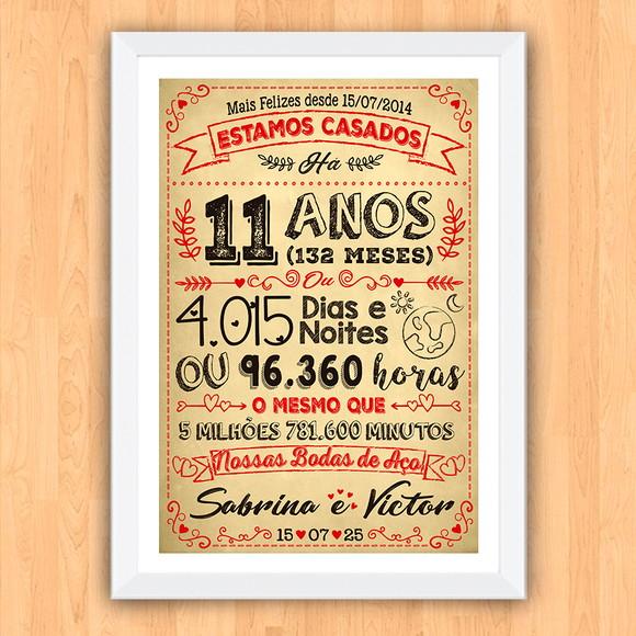 Quadro Poster Chalkboard Bodas Aço 11 Anos A3 30x42cm