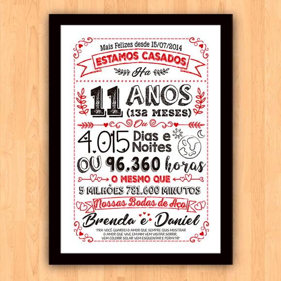 Quadro Poster Chalkboard Bodas Aço 11 Anos A3 30x42cm