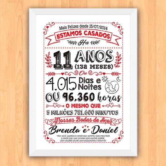 Quadro Poster Chalkboard Bodas Aço 11 Anos A3 30x42cm