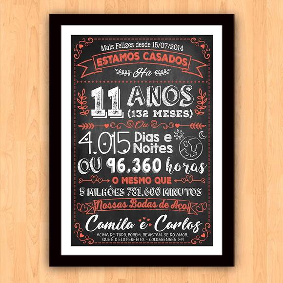 Quadro Poster Chalkboard Bodas Aço 11 Anos A3 30x42cm