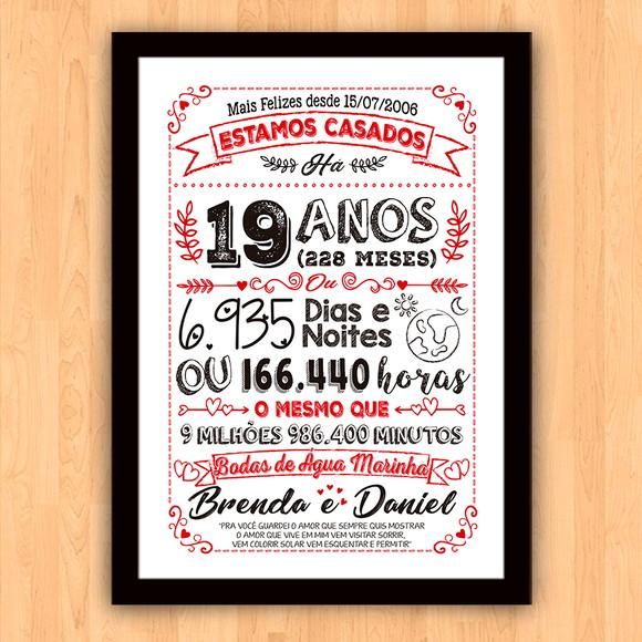 Quadro Poster Chalkboard Bodas Agua Marinha 19 Anos 30x42cm
