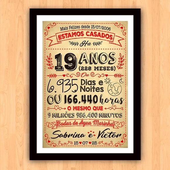 Quadro Poster Chalkboard Bodas Agua Marinha 19 Anos 30x42cm