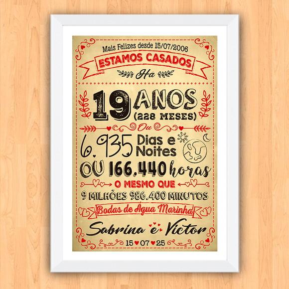 Quadro Poster Chalkboard Bodas Agua Marinha 19 Anos 30x42cm
