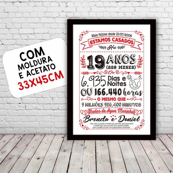 Quadro Poster Chalkboard Bodas Agua Marinha 19 Anos 30x42cm