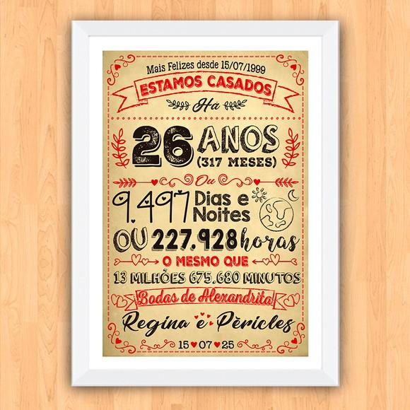 Quadro Poster Chalkboard Bodas Alexandrita 26 Anos 30x42cm