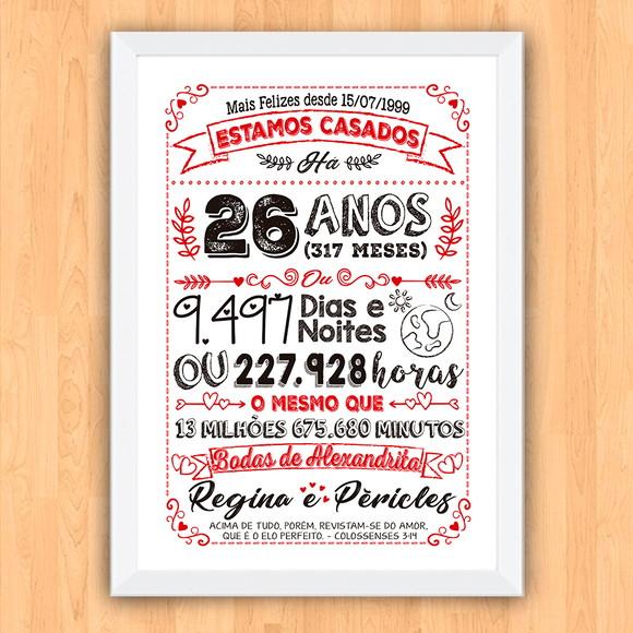 Quadro Poster Chalkboard Bodas Alexandrita 26 Anos 30x42cm