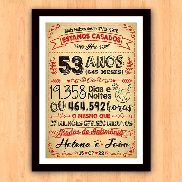 Quadro Poster Chalkboard Bodas Antimônio 53 Anos 30x42cm