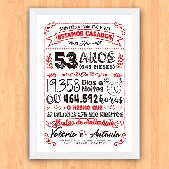 Quadro Poster Chalkboard Bodas Antimônio 53 Anos 30x42cm