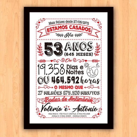 Quadro Poster Chalkboard Bodas Antimônio 53 Anos 30x42cm