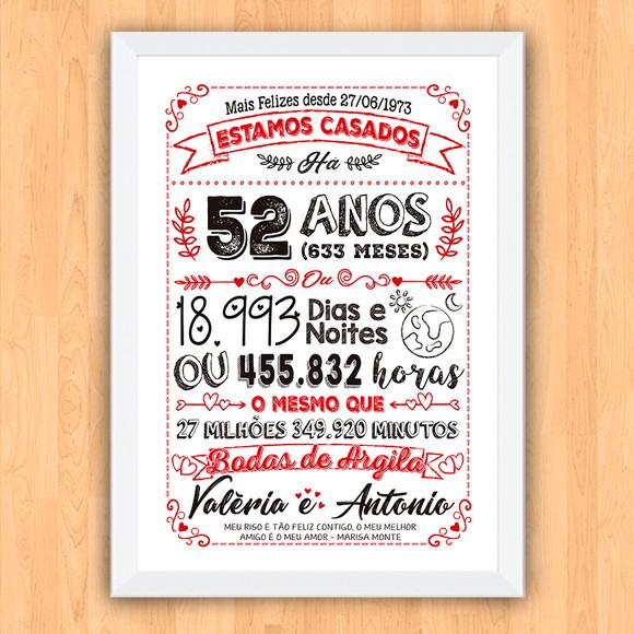 Quadro Poster Chalkboard Bodas Argila 52 Anos 30x42cm