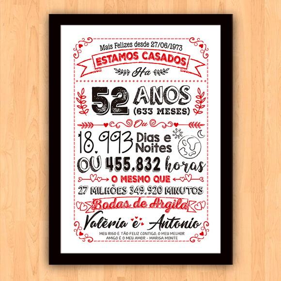 Quadro Poster Chalkboard Bodas Argila 52 Anos 30x42cm