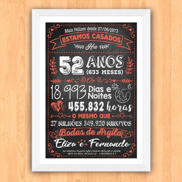 Quadro Poster Chalkboard Bodas Argila 52 Anos 30x42cm