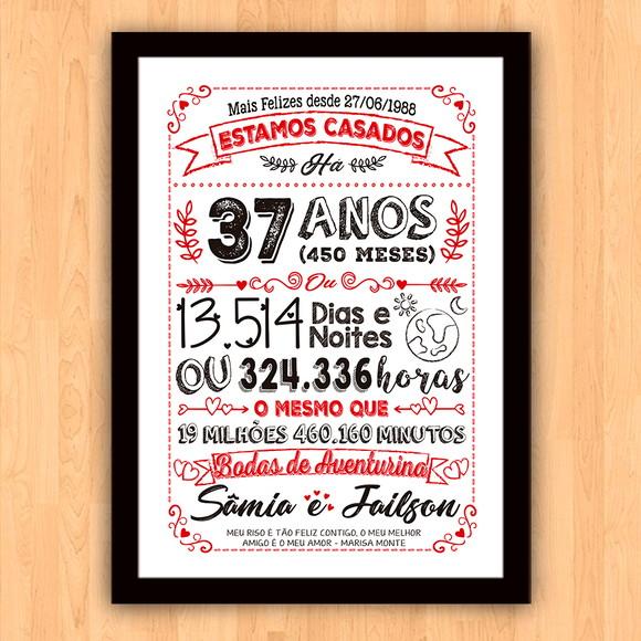 Quadro Poster Chalkboard Bodas Aventurina 37 Anos A3 30x42cm