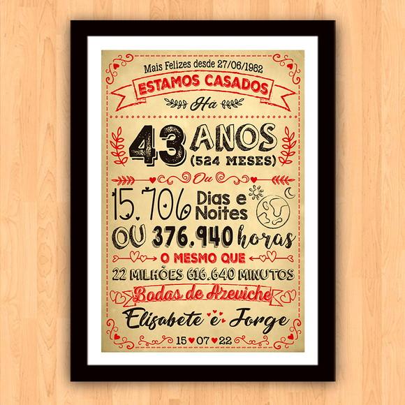 Quadro Poster Chalkboard Bodas Azeviche 43 Anos A3 30x42cm