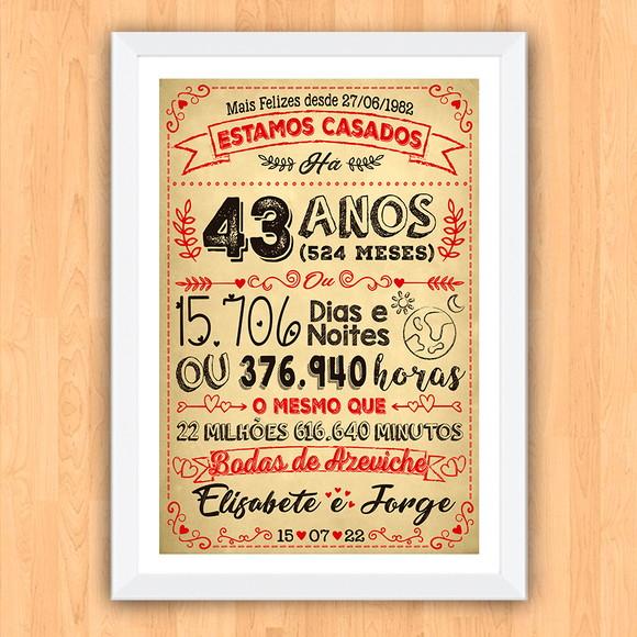 Quadro Poster Chalkboard Bodas Azeviche 43 Anos A3 30x42cm