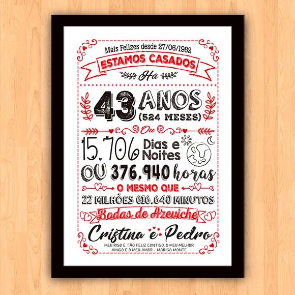 Quadro Poster Chalkboard Bodas Azeviche 43 Anos A3 30x42cm