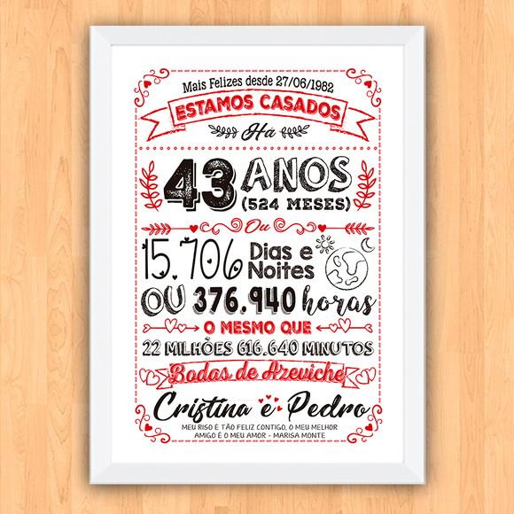 Quadro Poster Chalkboard Bodas Azeviche 43 Anos A3 30x42cm