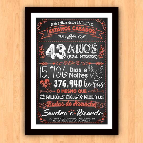 Quadro Poster Chalkboard Bodas Azeviche 43 Anos A3 30x42cm