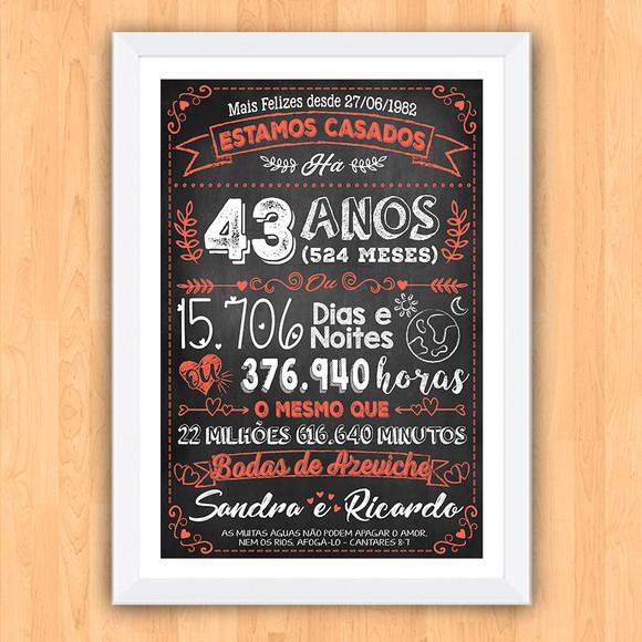 Quadro Poster Chalkboard Bodas Azeviche 43 Anos A3 30x42cm