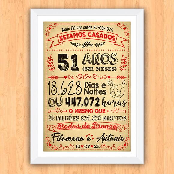 Quadro Poster Chalkboard Bodas Bronze 51 Anos 30x42cm