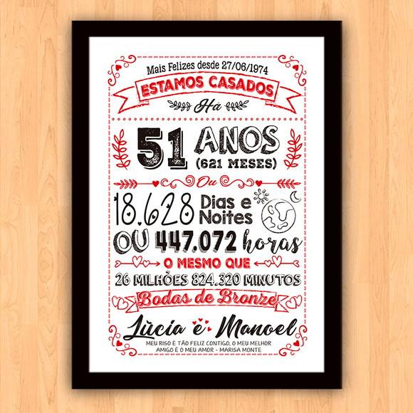 Quadro Poster Chalkboard Bodas Bronze 51 Anos 30x42cm