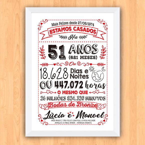 Quadro Poster Chalkboard Bodas Bronze 51 Anos 30x42cm