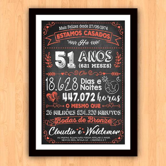 Quadro Poster Chalkboard Bodas Bronze 51 Anos 30x42cm