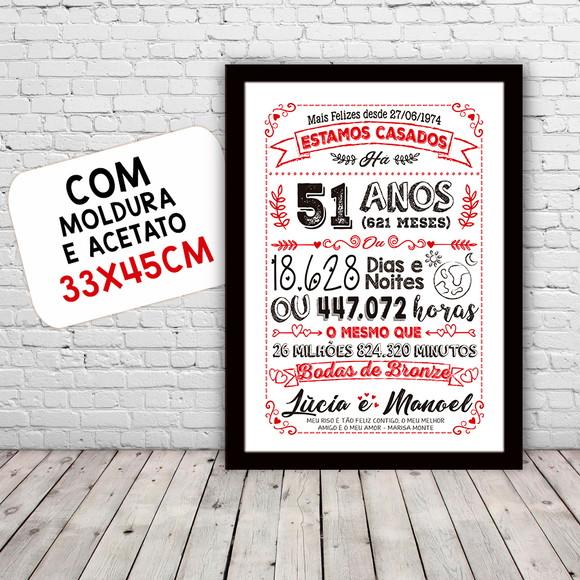 Quadro Poster Chalkboard Bodas Bronze 51 Anos 30x42cm