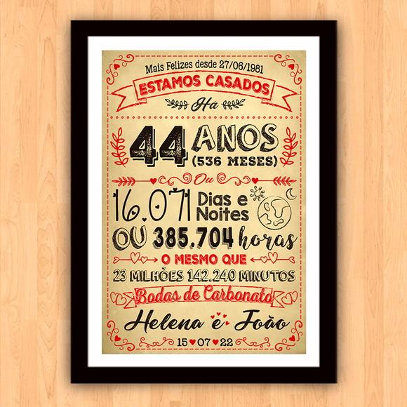 Quadro Poster Chalkboard Bodas Carbonato 44 Anos A3 30x42cm