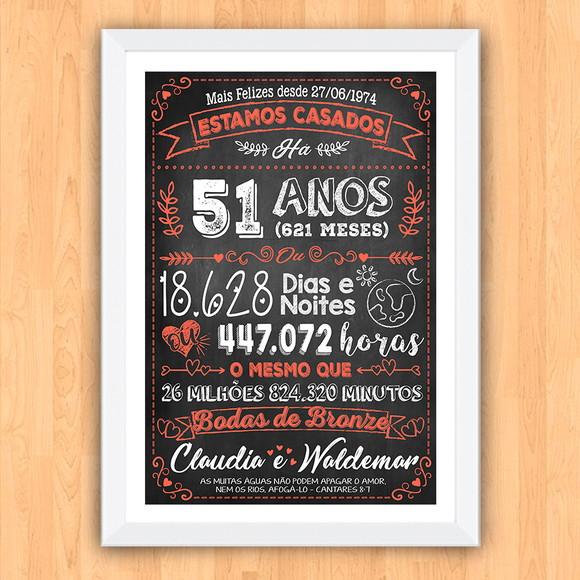 Quadro Poster Chalkboard Bodas Bronze 51 Anos 30x42cm