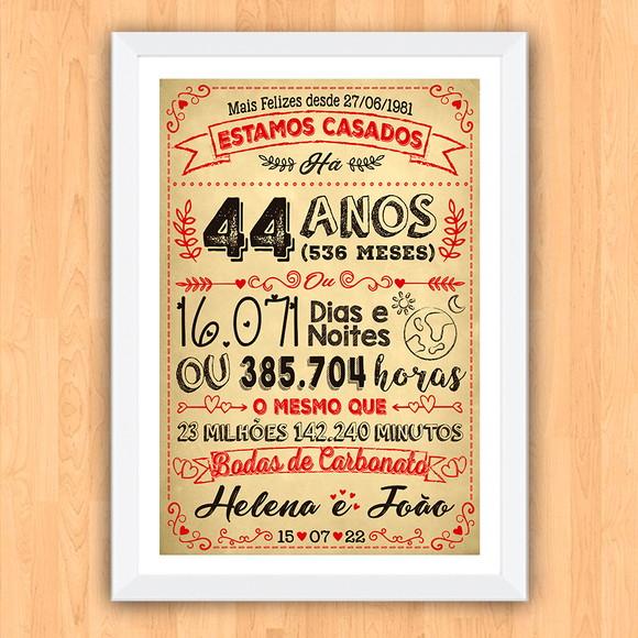 Quadro Poster Chalkboard Bodas Carbonato 44 Anos A3 30x42cm
