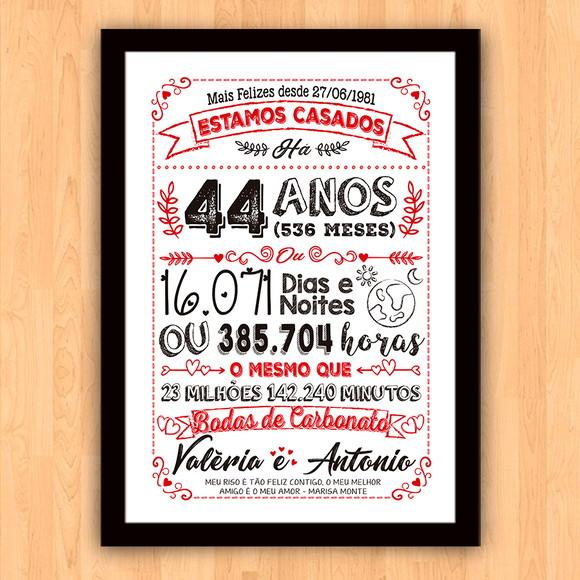 Quadro Poster Chalkboard Bodas Carbonato 44 Anos A3 30x42cm