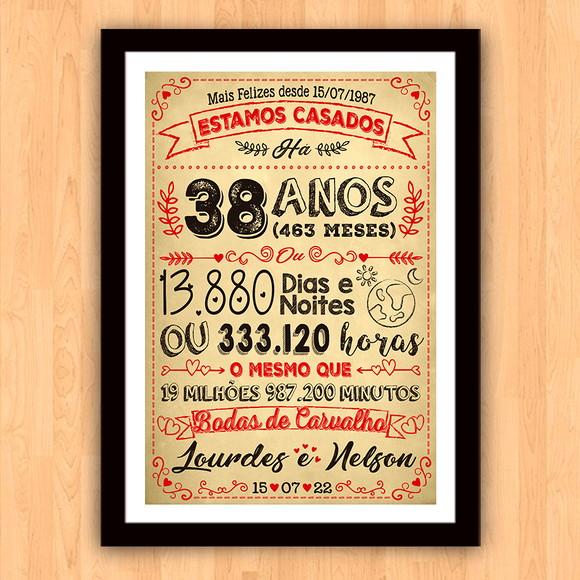 Quadro Poster Chalkboard Bodas Carvalho 38 Anos A3 30x42cm