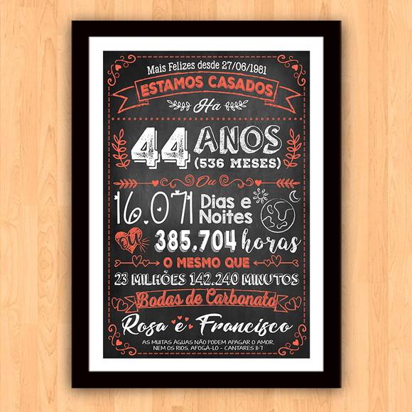 Quadro Poster Chalkboard Bodas Carbonato 44 Anos A3 30x42cm