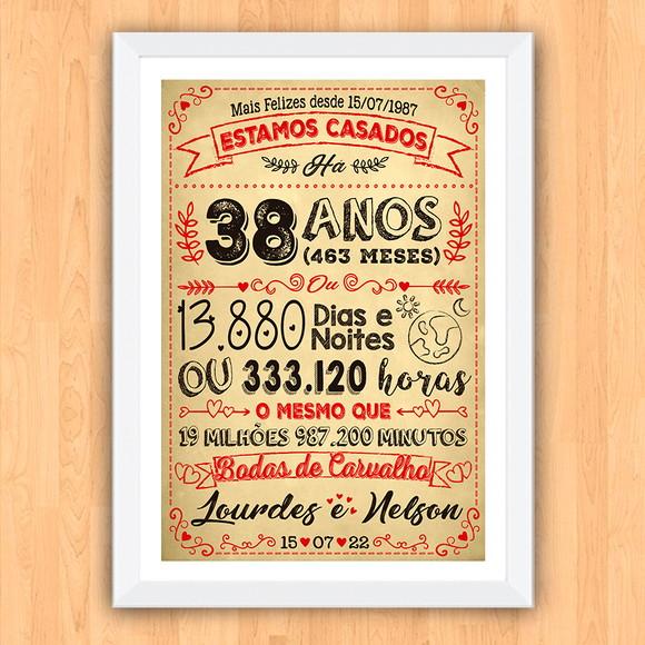 Quadro Poster Chalkboard Bodas Carvalho 38 Anos A3 30x42cm