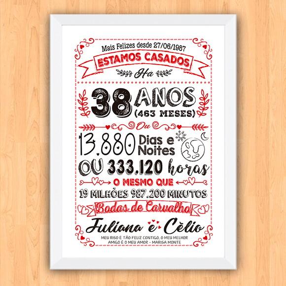 Quadro Poster Chalkboard Bodas Carvalho 38 Anos A3 30x42cm