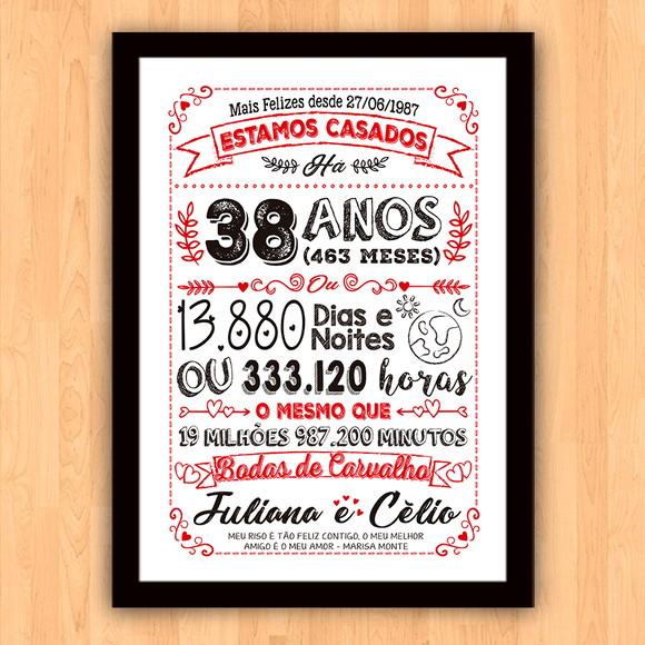 Quadro Poster Chalkboard Bodas Carvalho 38 Anos A3 30x42cm