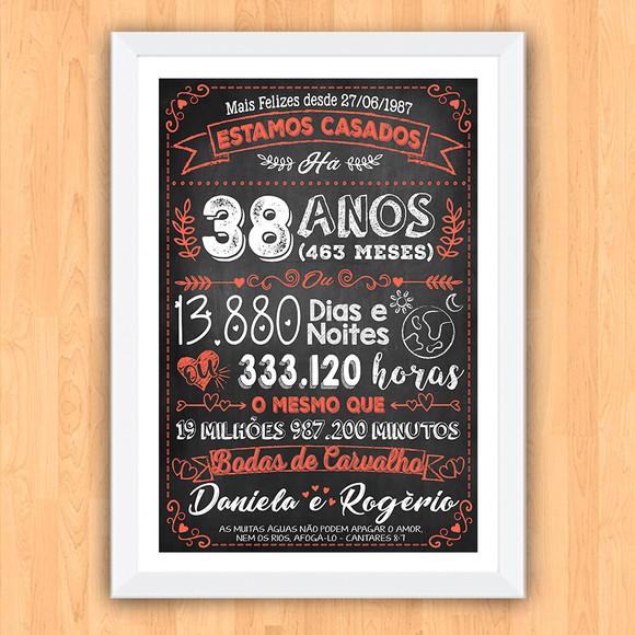 Quadro Poster Chalkboard Bodas Carvalho 38 Anos A3 30x42cm