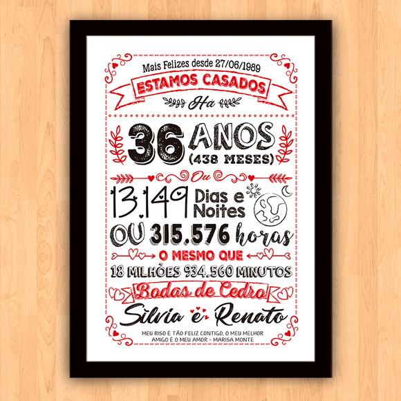 Quadro Poster Chalkboard Bodas Cedro 36 Anos A3 30x42cm