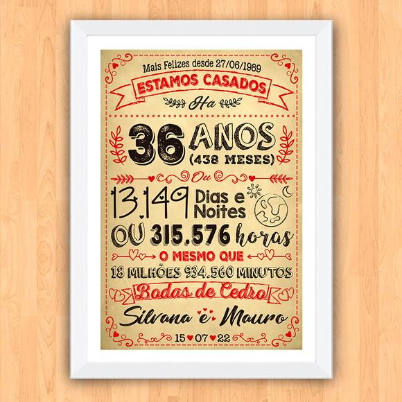 Quadro Poster Chalkboard Bodas Cedro 36 Anos A3 30x42cm