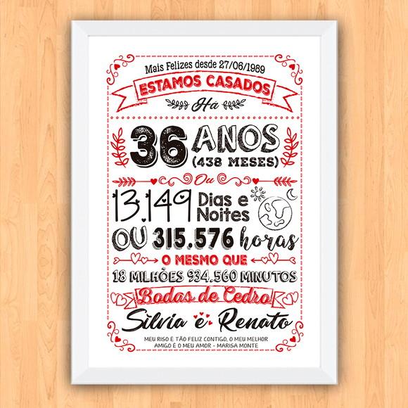 Quadro Poster Chalkboard Bodas Cedro 36 Anos A3 30x42cm