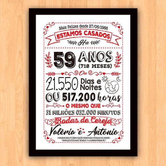 Quadro Poster Chalkboard Bodas Cereja 59 Anos 30x42cm