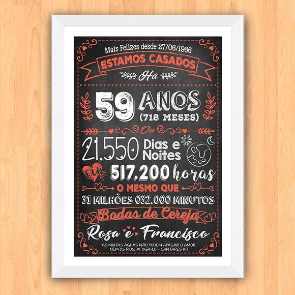 Quadro Poster Chalkboard Bodas Cereja 59 Anos 30x42cm
